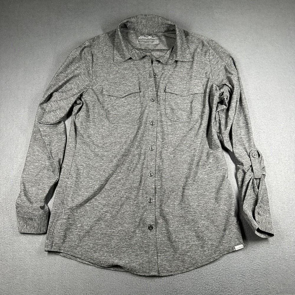 Eddie Bauer Shirt Womens Medium Gray Button Front Roll Tab Sleeve Stretch Tunic